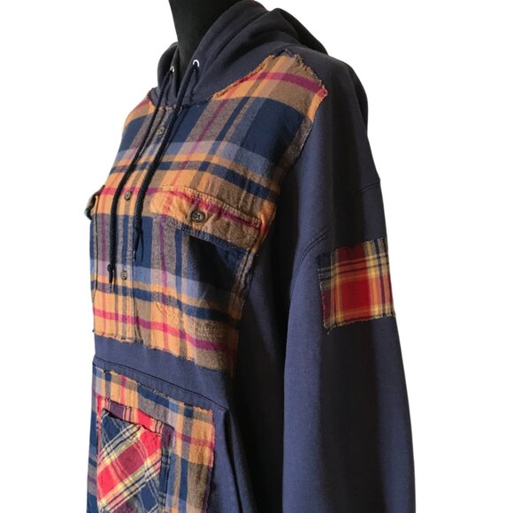 Upcycled Patchwork Hoodie, L-XL: Oversized Grunge Sweatshirt, Navy Plaid Flannel - Picture 8 of 15